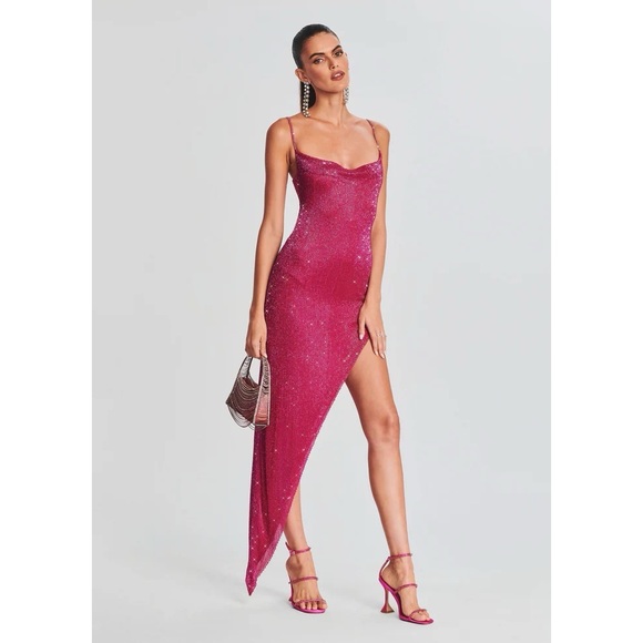 NWT Retrofete x May Mashiah Topaz Glass Beaded Dress In Fuschia L - Picture 7 of 13